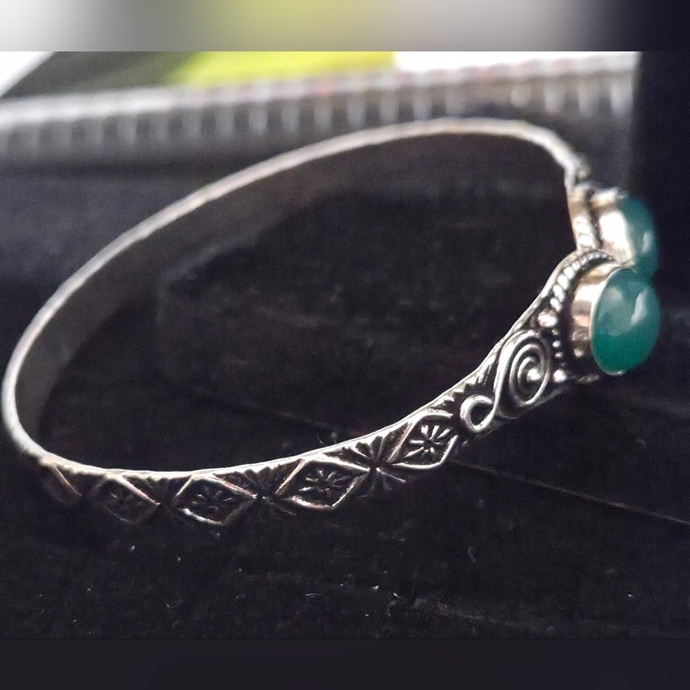 NWOT Natural Green Onyx and Silver Adjustable Cuff Handmade Bangle Bracelet - Picture 4 of 5